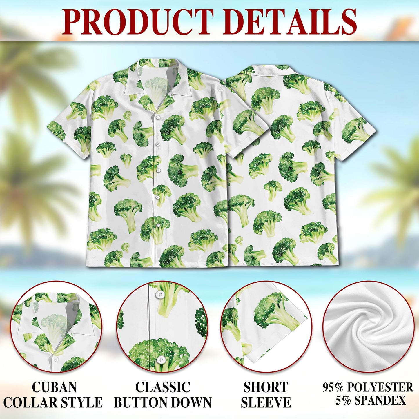 Netecom Broccoli Hawaiian Shirt for Men, Button Down Summer Beach Short Sleeve, Vintage Style, Sizes S-5XL