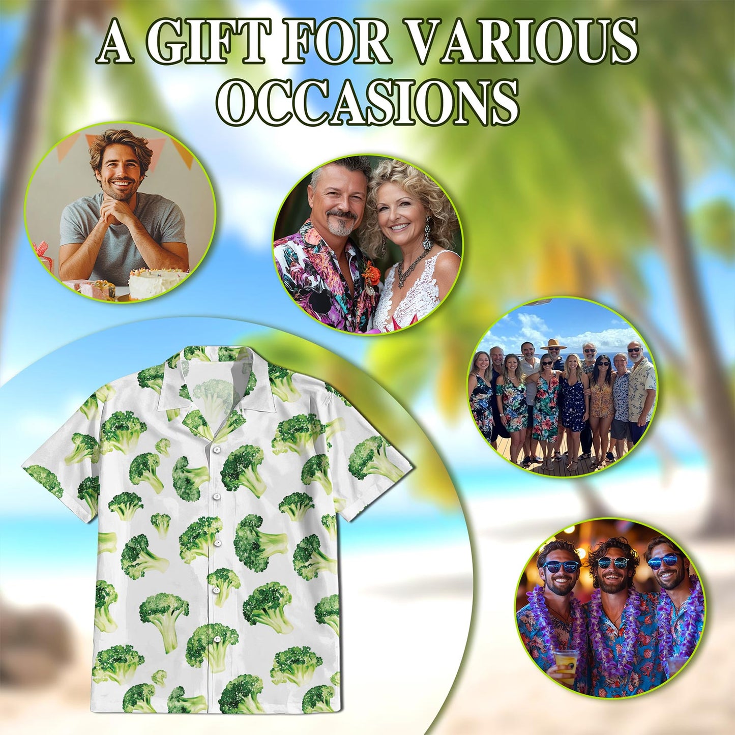 Netecom Broccoli Hawaiian Shirt for Men, Button Down Summer Beach Short Sleeve, Vintage Style, Sizes S-5XL