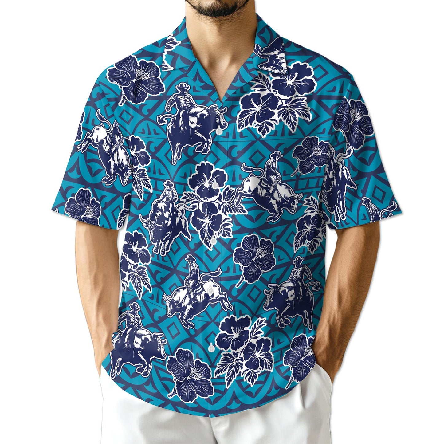 Netecom Bull Riding Blue Ancient Hawaiian Shirt for Men