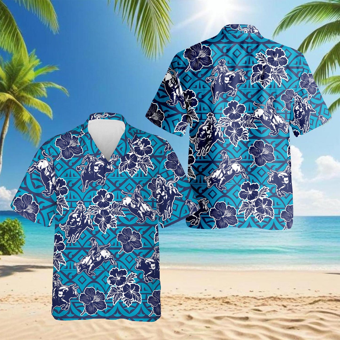 Netecom Bull Riding Blue Ancient Hawaiian Shirt for Men, Button Down Summer Beach Short Sleeve, Tropical Style, Sizes S-5XL
