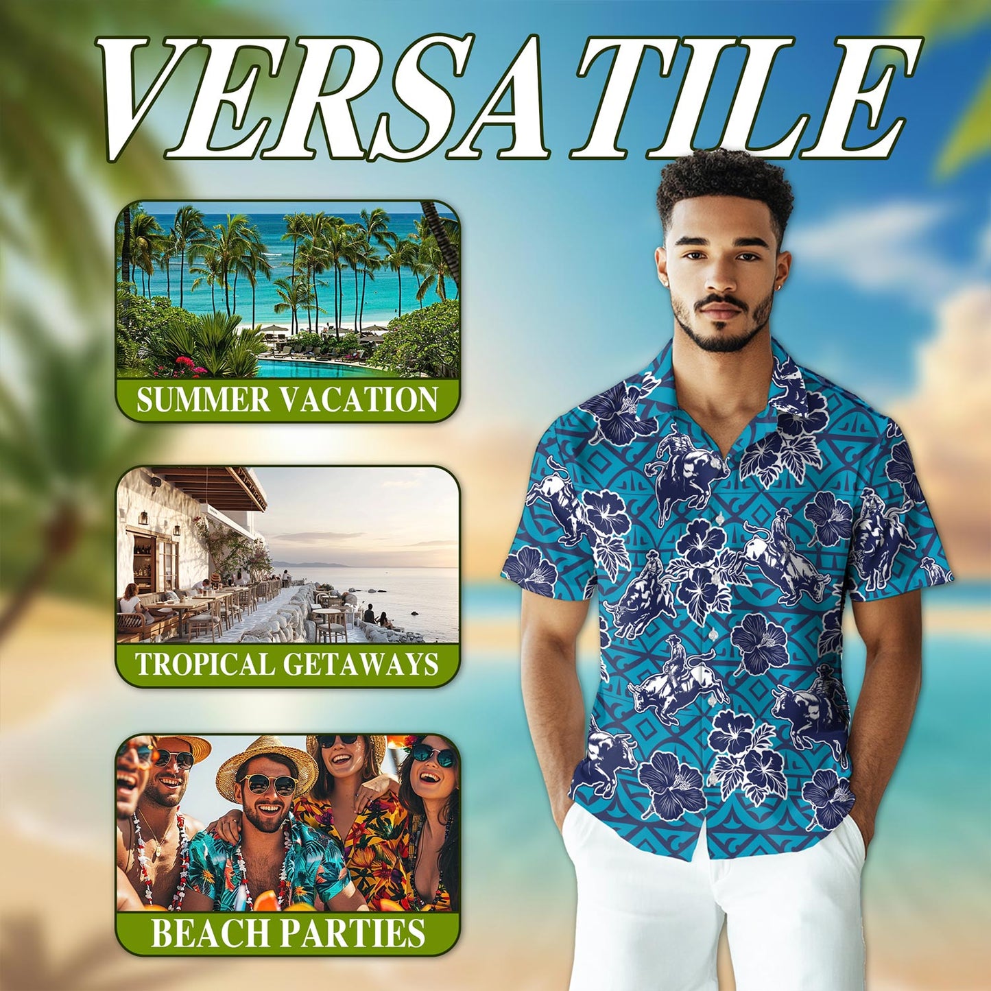 Netecom Bull Riding Blue Ancient Hawaiian Shirt for Men, Button Down Summer Beach Short Sleeve, Tropical Style, Sizes S-5XL