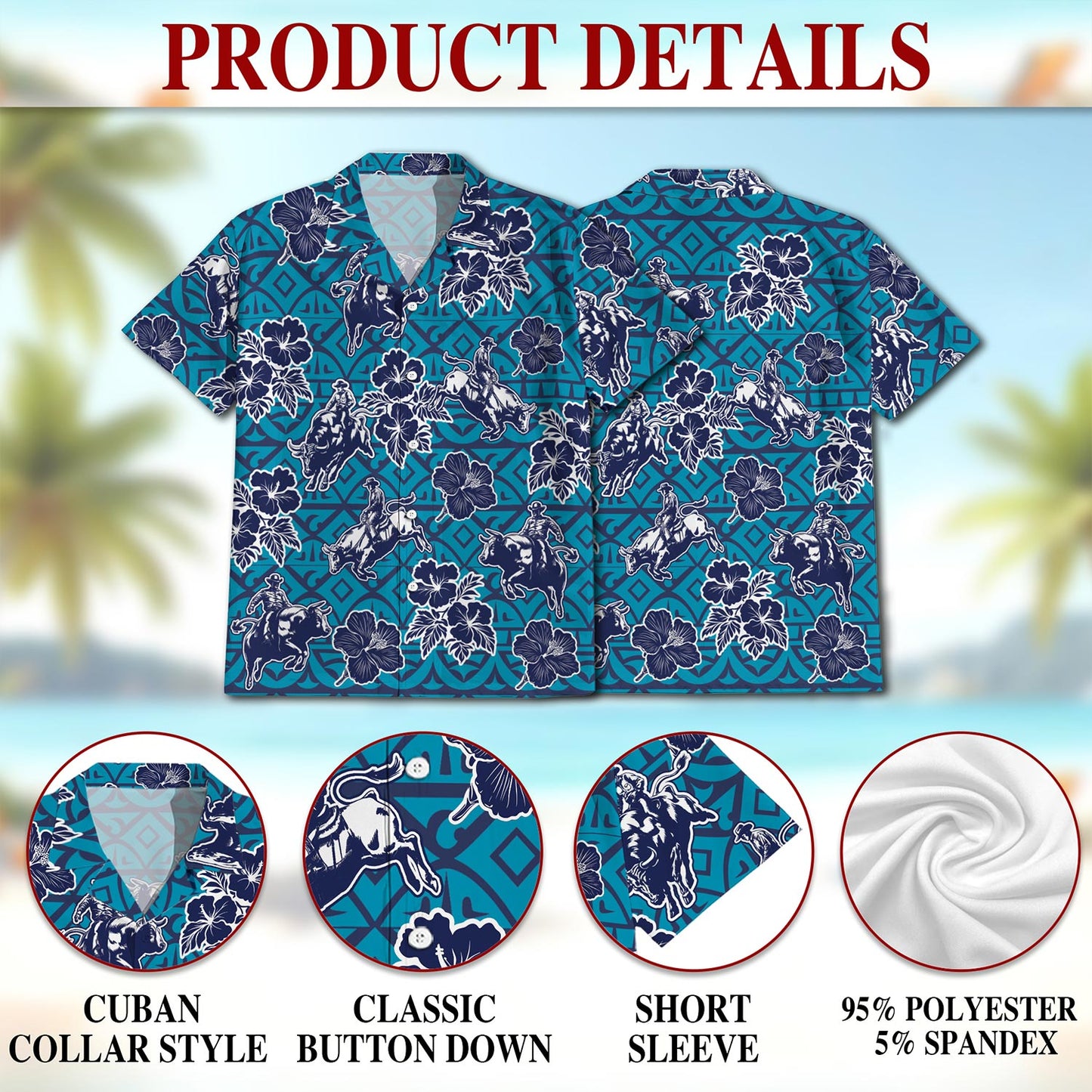 Netecom Bull Riding Blue Ancient Hawaiian Shirt for Men, Button Down Summer Beach Short Sleeve, Tropical Style, Sizes S-5XL