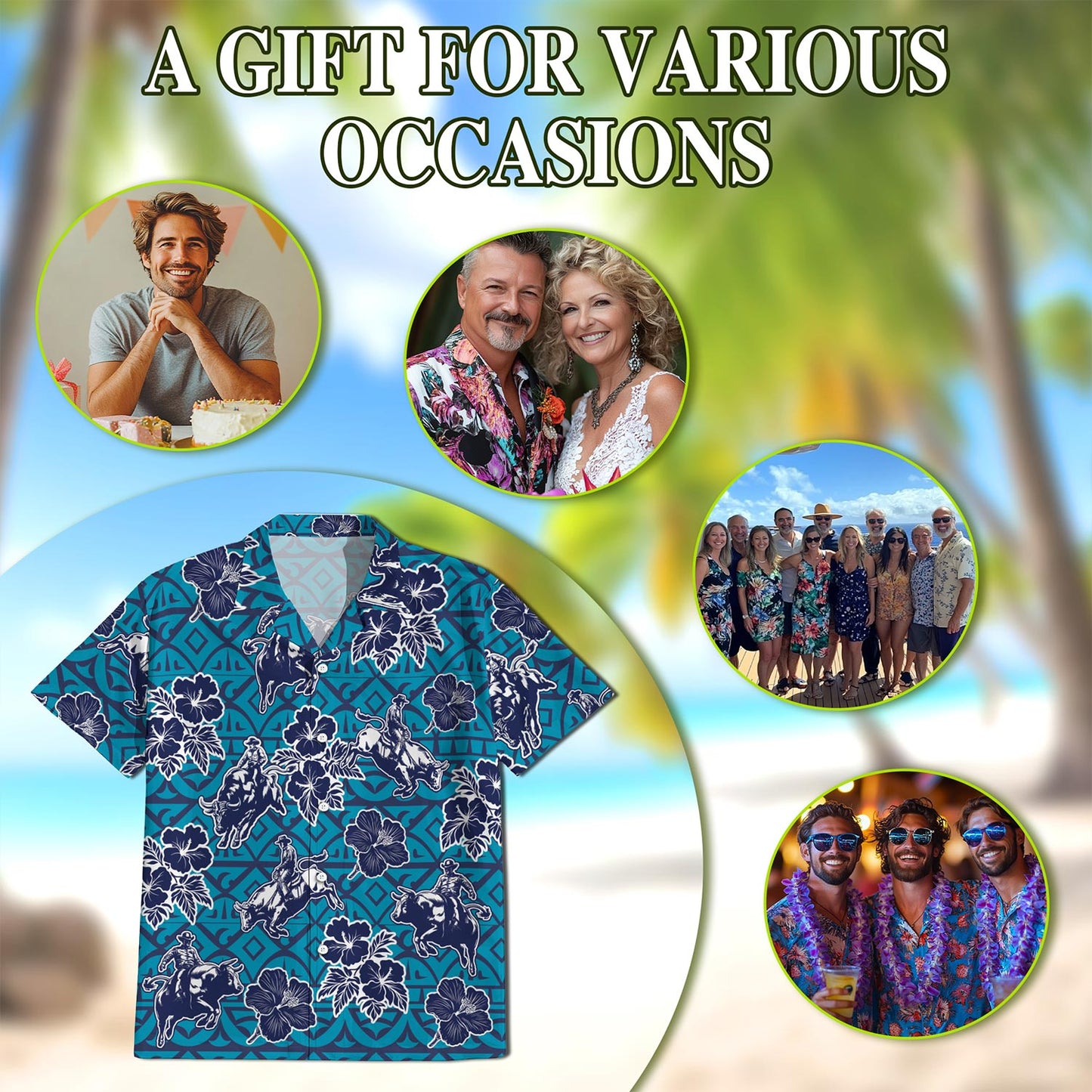 Netecom Bull Riding Blue Ancient Hawaiian Shirt for Men, Button Down Summer Beach Short Sleeve, Tropical Style, Sizes S-5XL