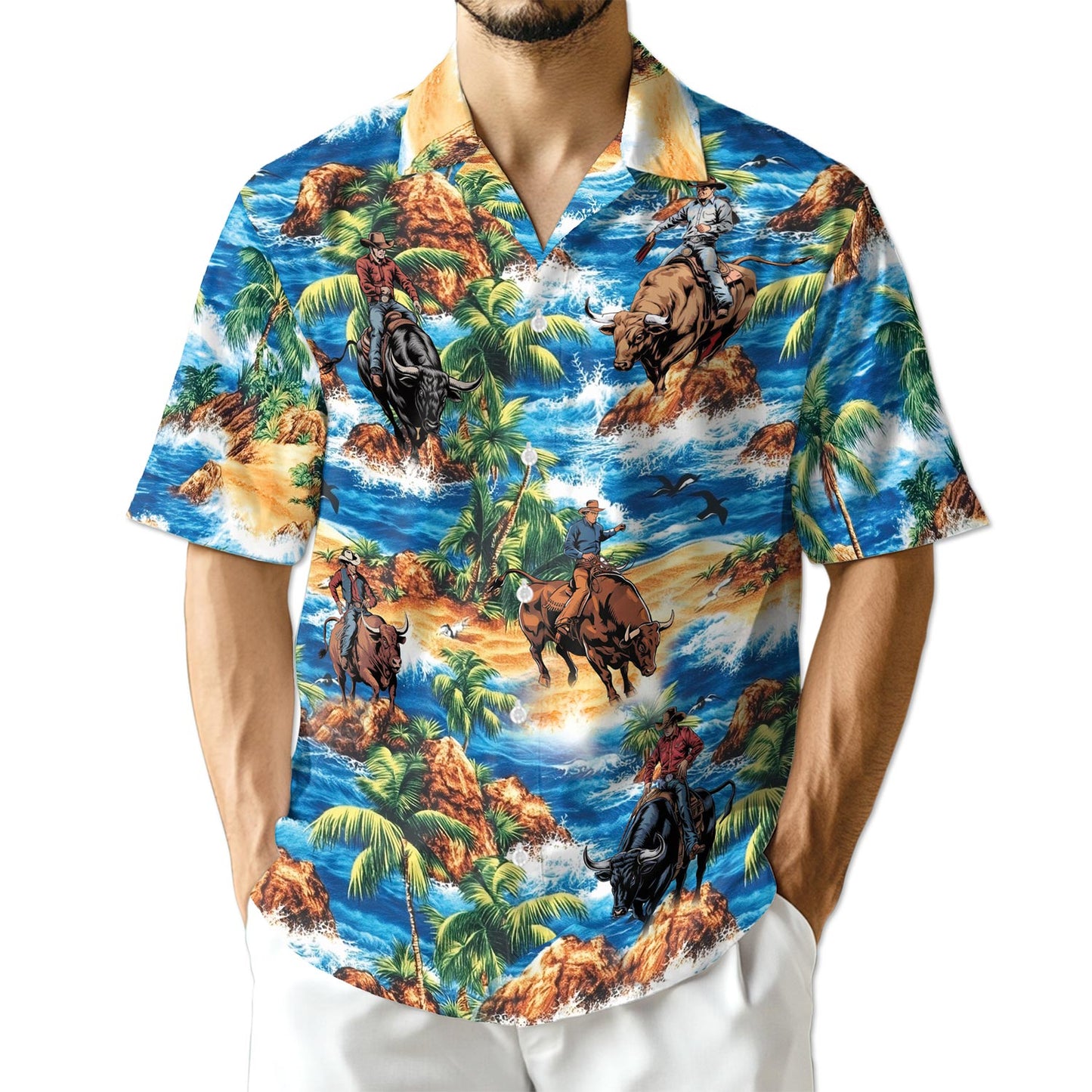 Netecom Bull Riding On Beach Hawaiian Shirt for Men