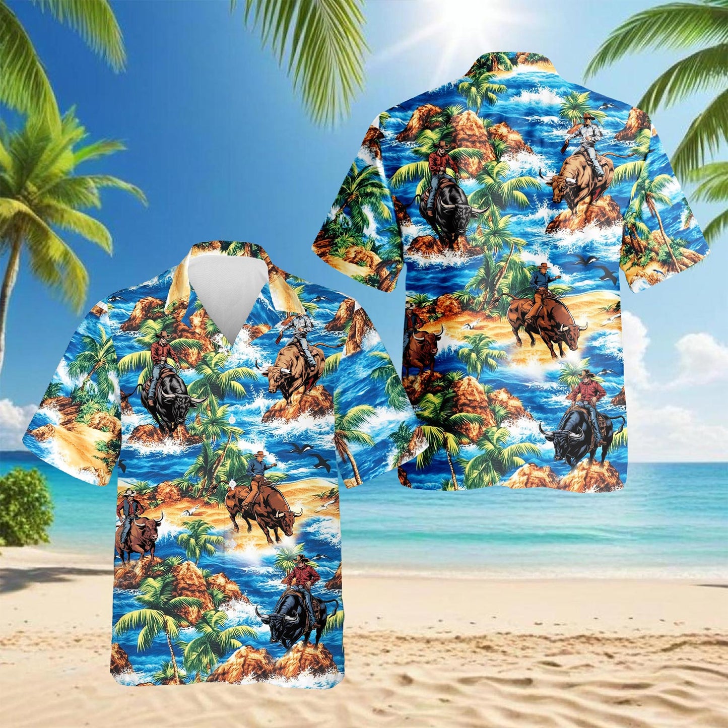 Netecom Bull Riding On Beach Hawaiian Shirt for Men, Tropical Style, Button Down Summer Beach Short Sleeve, S-5XL
