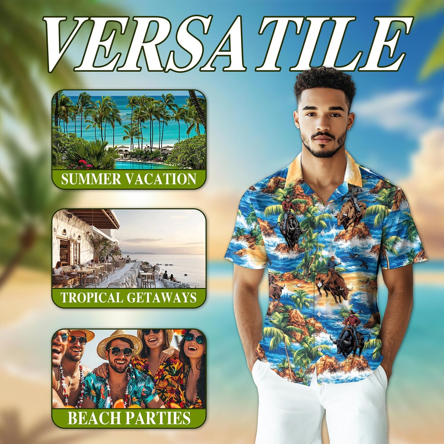 Netecom Bull Riding On Beach Hawaiian Shirt for Men, Tropical Style, Button Down Summer Beach Short Sleeve, S-5XL