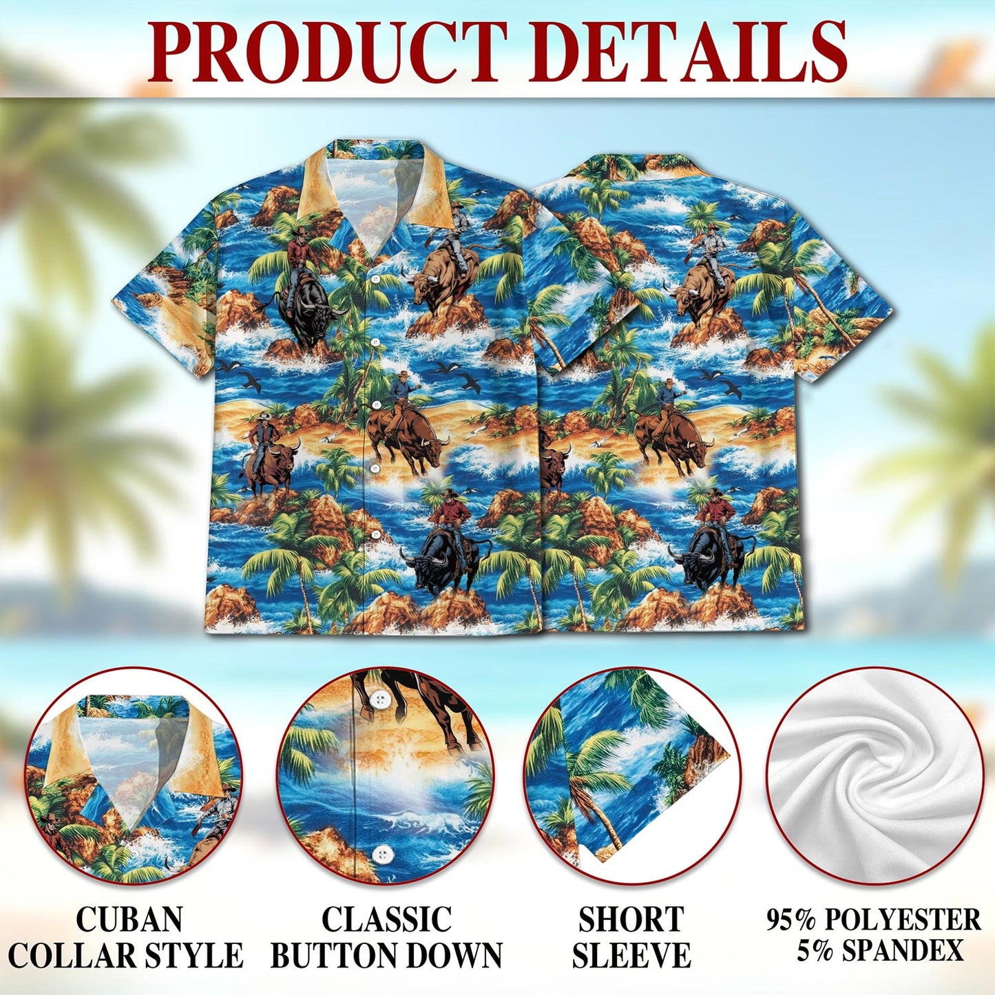 Netecom Bull Riding On Beach Hawaiian Shirt for Men, Tropical Style, Button Down Summer Beach Short Sleeve, S-5XL