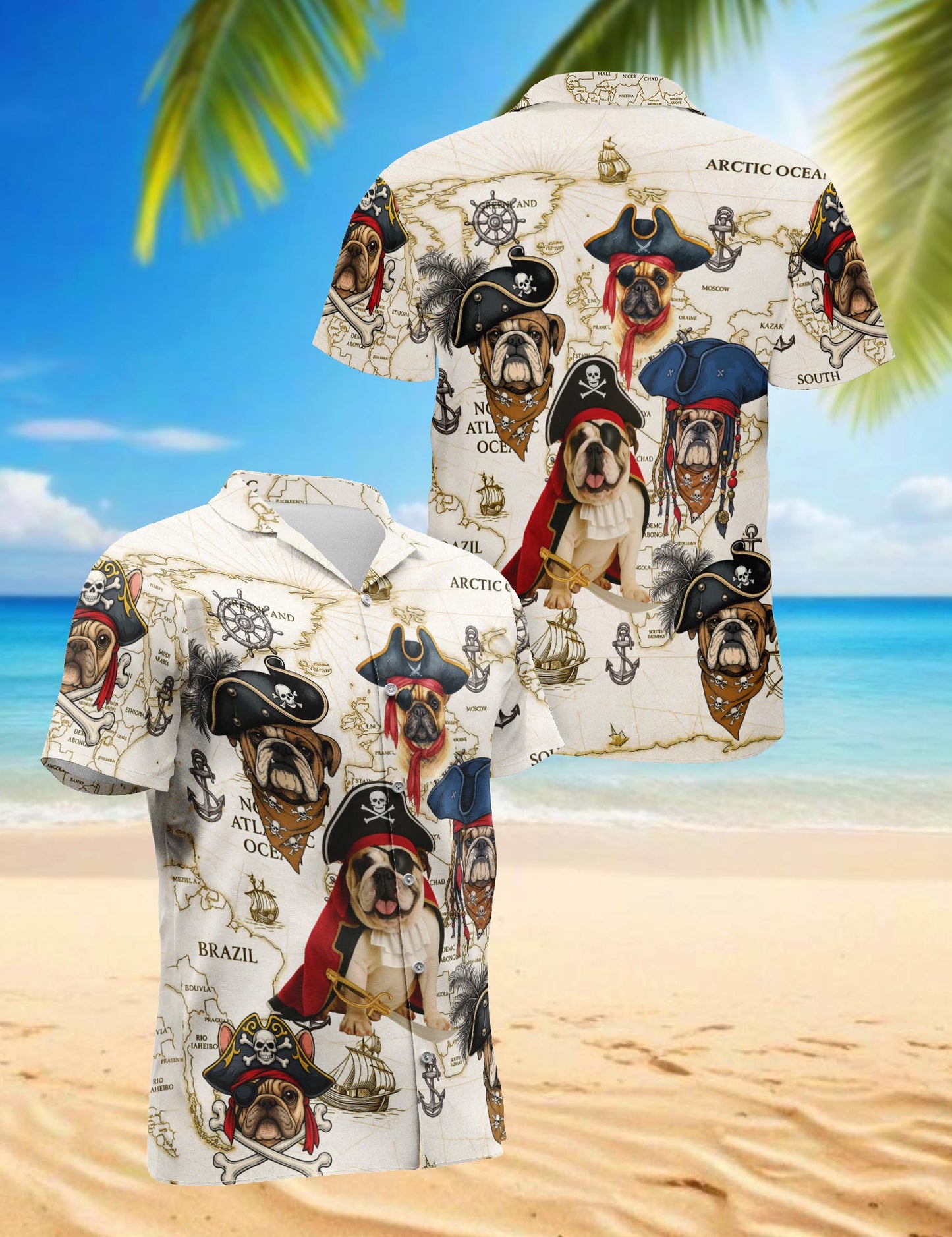 Netecom Bulldog Pirate Hawaiian Shirt for Men, Dog Lover Gift, Retro Button Down Summer Beach Short Sleeve Shirts, S-5X
