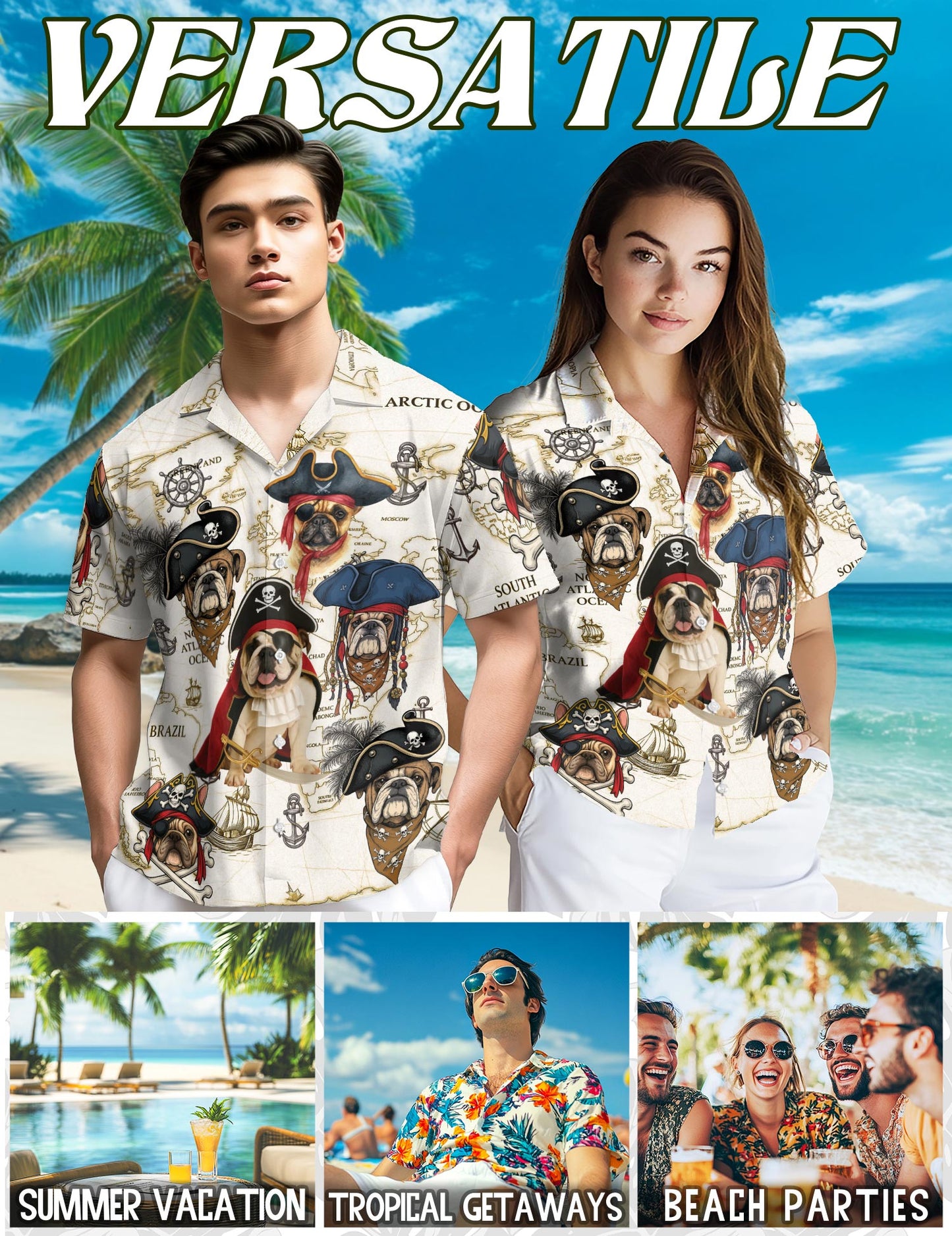Netecom Bulldog Pirate Hawaiian Shirt for Men, Dog Lover Gift, Retro Button Down Summer Beach Short Sleeve Shirts, S-5X