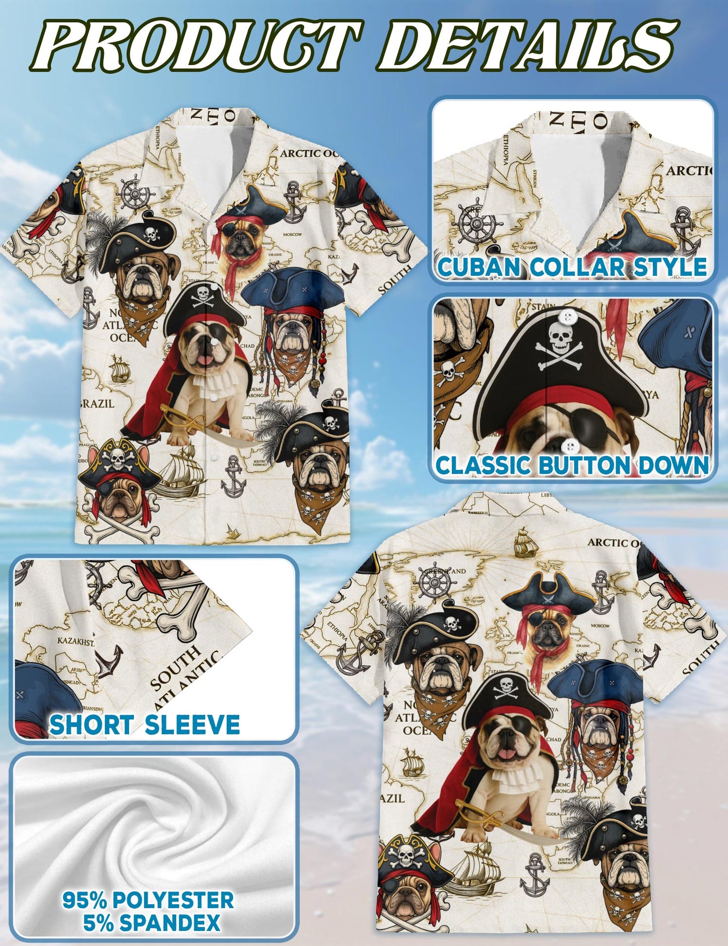 Netecom Bulldog Pirate Hawaiian Shirt for Men, Dog Lover Gift, Retro Button Down Summer Beach Short Sleeve Shirts, S-5X