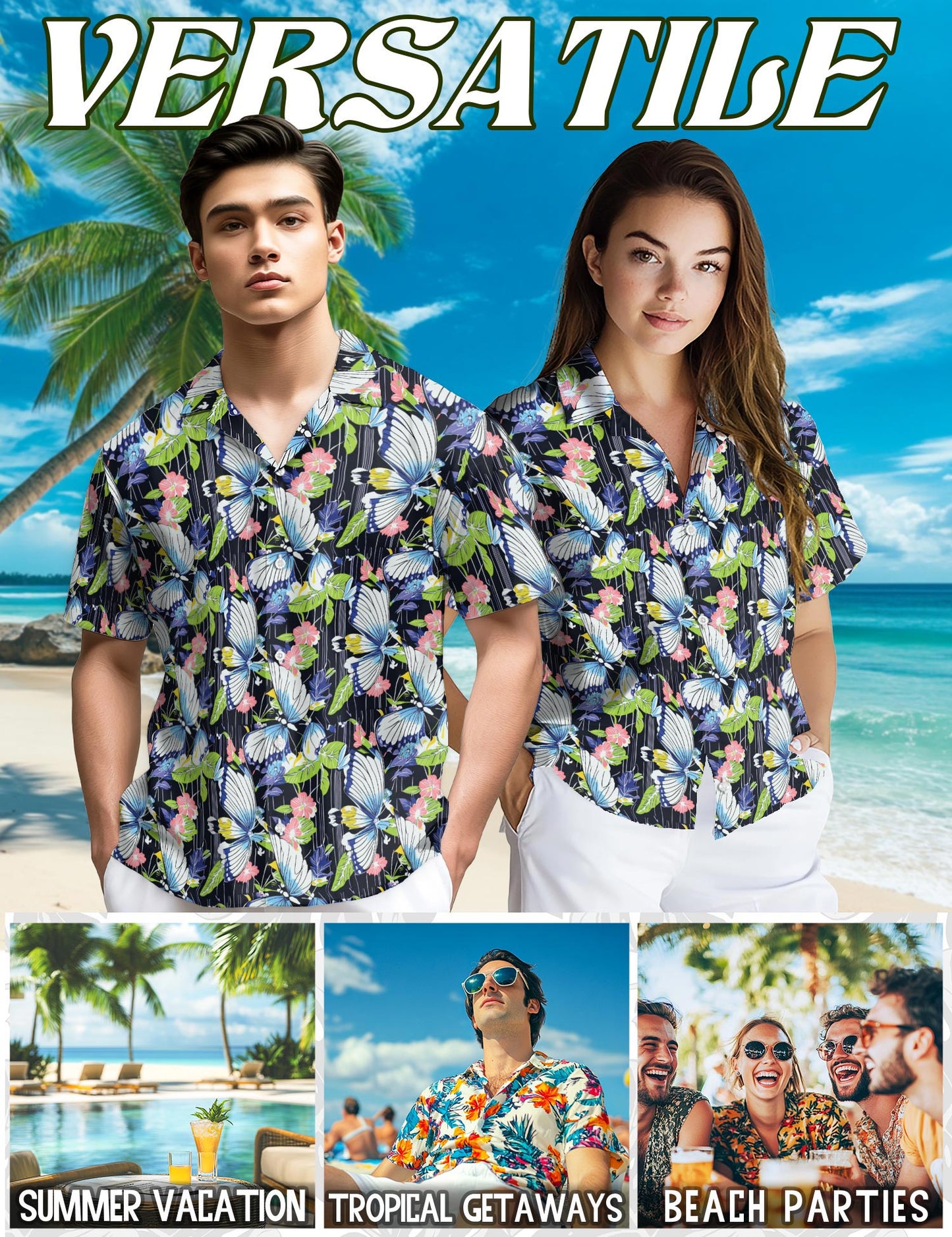 Netecom Butterfly Hawaiian Shirt for Men, Button Down Summer Beach Short Sleeve, S-5XL