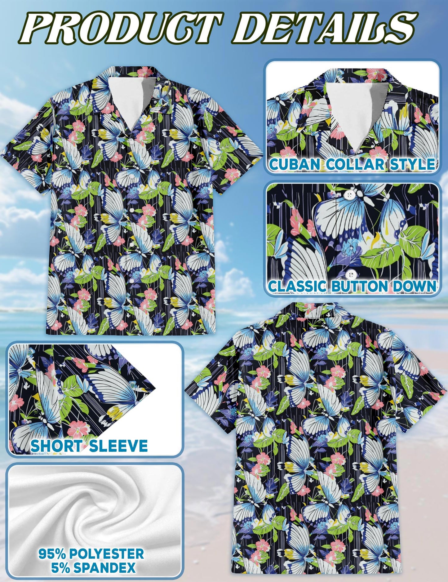 Netecom Butterfly Hawaiian Shirt for Men, Button Down Summer Beach Short Sleeve, S-5XL