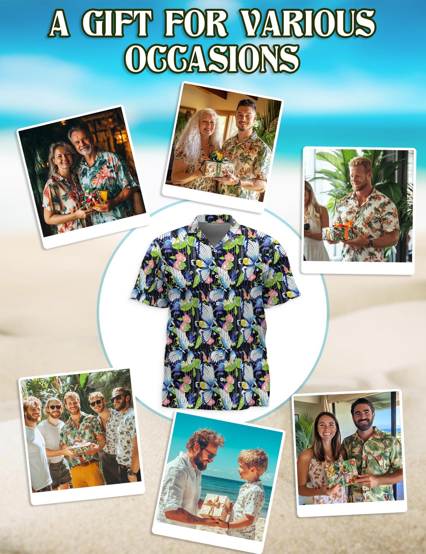 Netecom Butterfly Hawaiian Shirt for Men, Button Down Summer Beach Short Sleeve, S-5XL