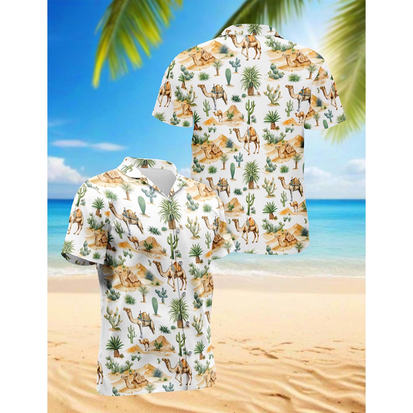 Netecom Camel Desert Hawaiian Shirt for Men, Vintage Style, Button Down Summer Beach Short Sleeve, S-5XL