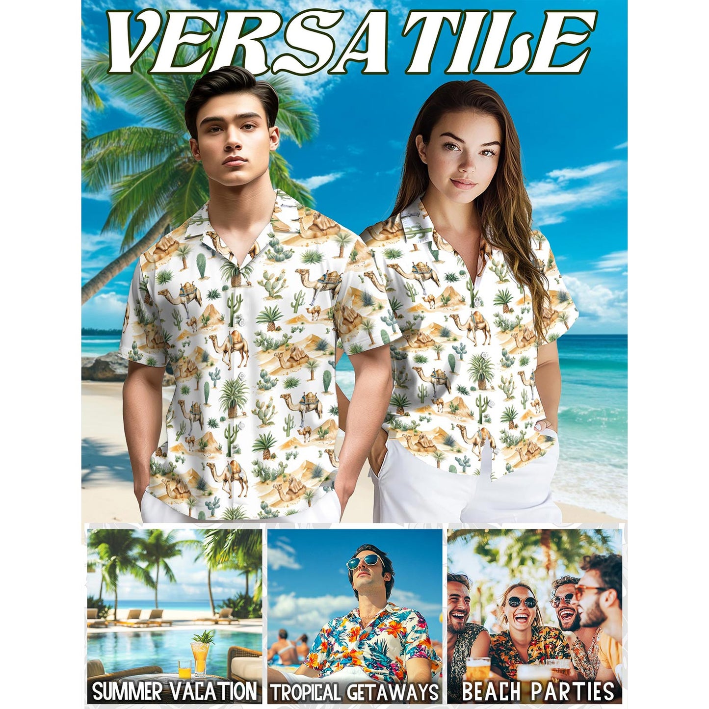 Netecom Camel Desert Hawaiian Shirt for Men, Vintage Style, Button Down Summer Beach Short Sleeve, S-5XL