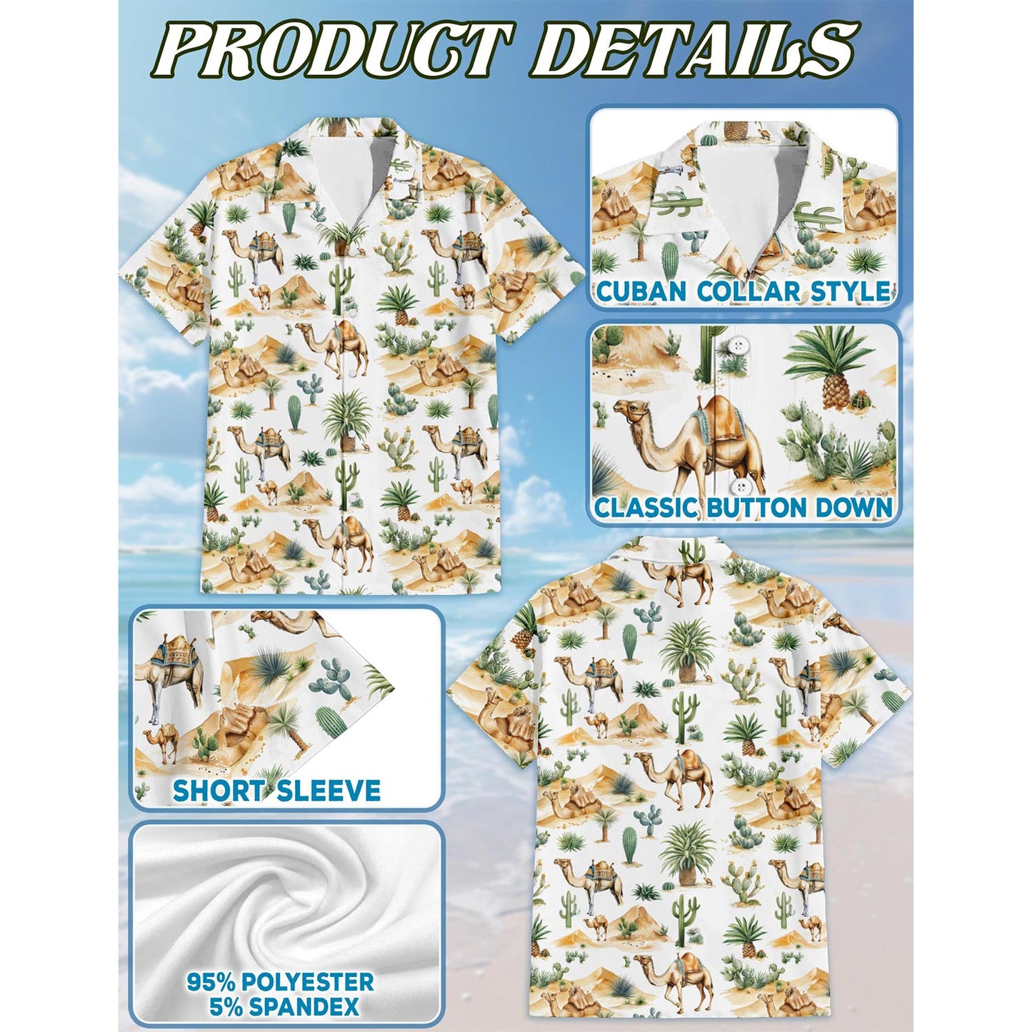 Netecom Camel Desert Hawaiian Shirt for Men, Vintage Style, Button Down Summer Beach Short Sleeve, S-5XL
