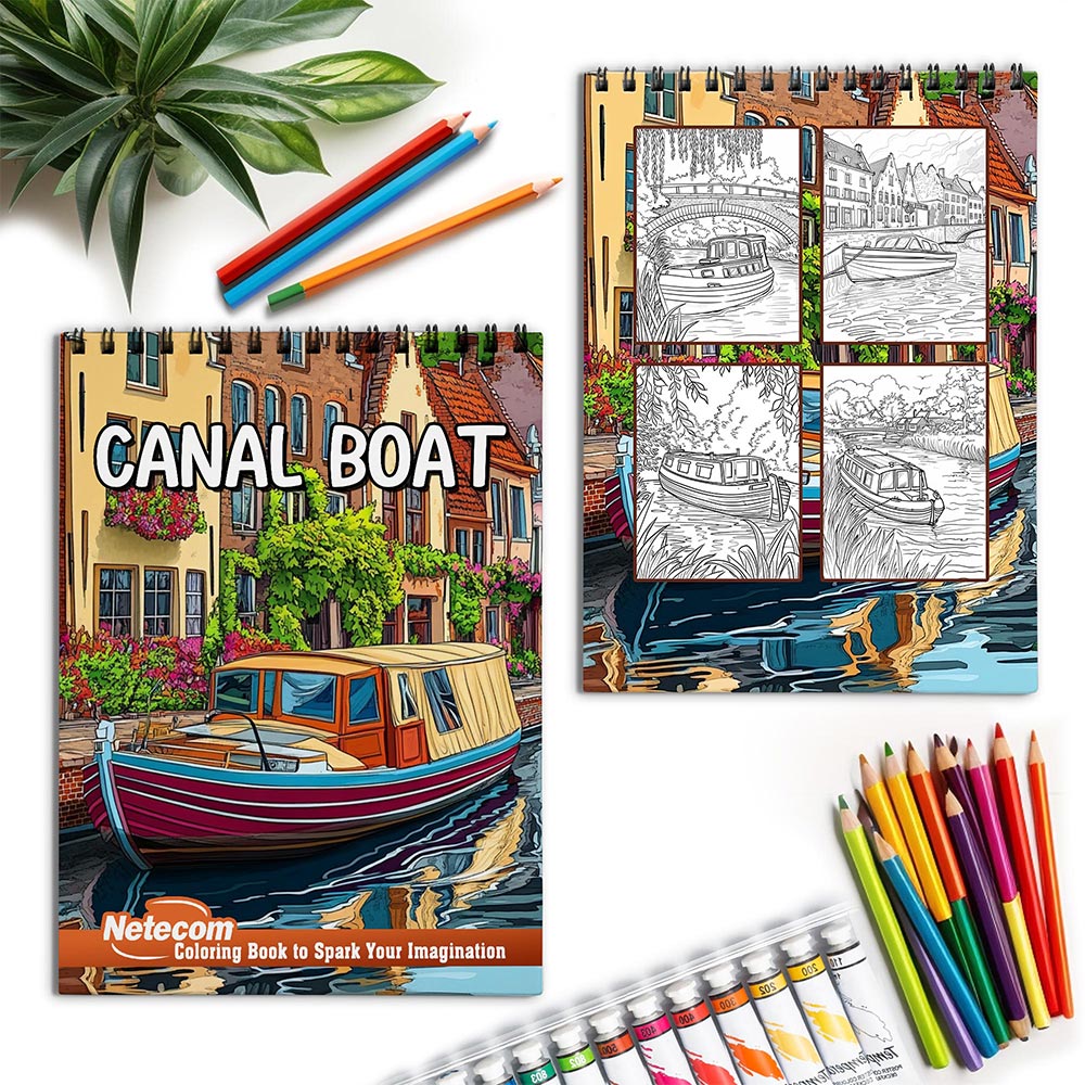 Netecom Canal Boat Coloring Spiral Book for Adults
