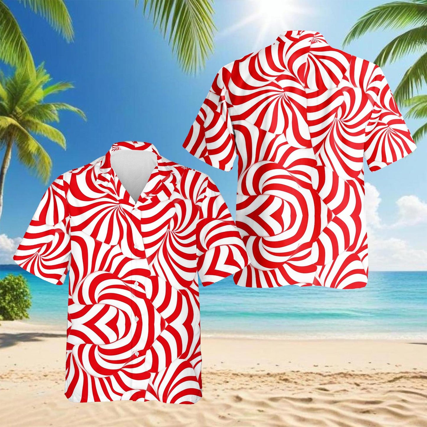 Netecom Candy Cane Pattern Hawaiian Shirt for Men, Vintage Style, Button Down Summer Beach Short Sleeve, S-5XL