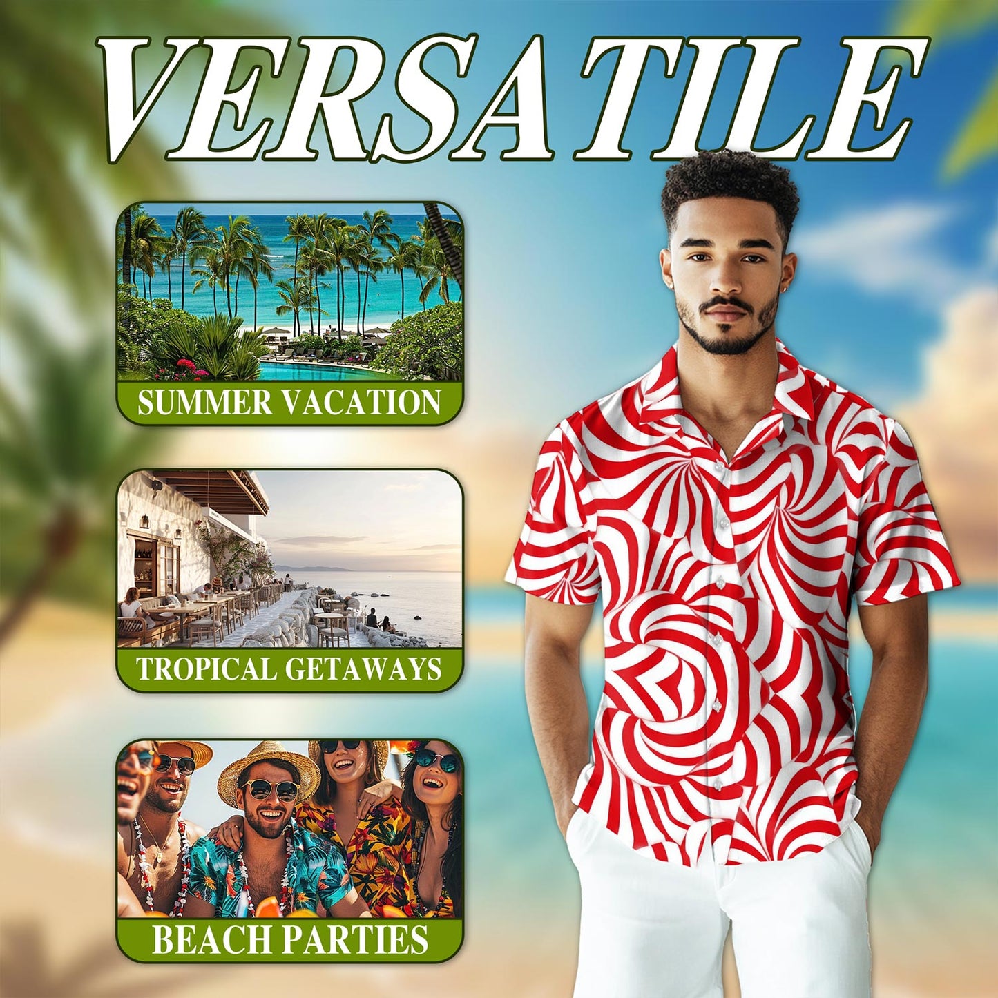 Netecom Candy Cane Pattern Hawaiian Shirt for Men, Vintage Style, Button Down Summer Beach Short Sleeve, S-5XL