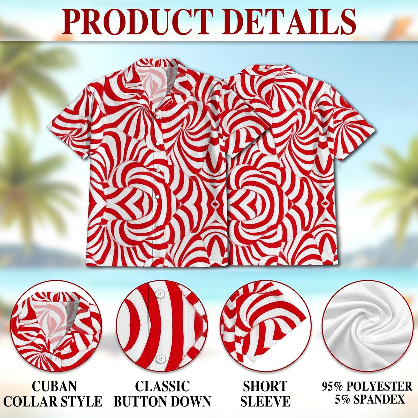 Netecom Candy Cane Pattern Hawaiian Shirt for Men, Vintage Style, Button Down Summer Beach Short Sleeve, S-5XL