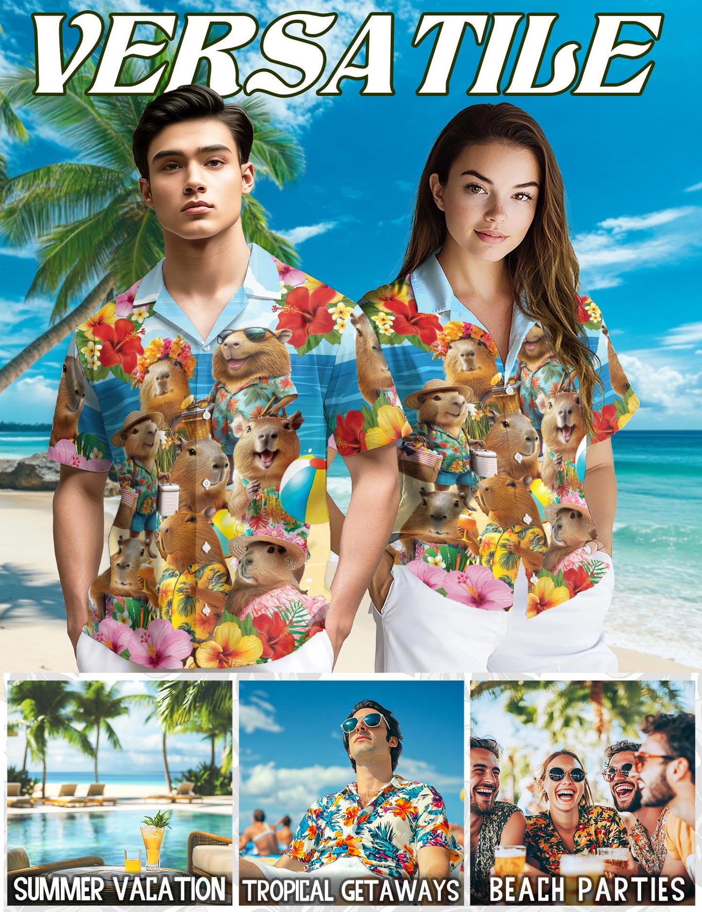 Netecom Capybara Hawaiian Shirt for Men, Button Down Summer Beach Short Sleeve, Tropical Style, Sizes S-5XL