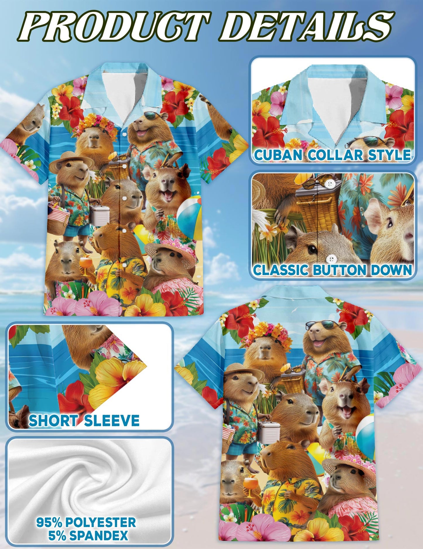 Netecom Capybara Hawaiian Shirt for Men, Button Down Summer Beach Short Sleeve, Tropical Style, Sizes S-5XL