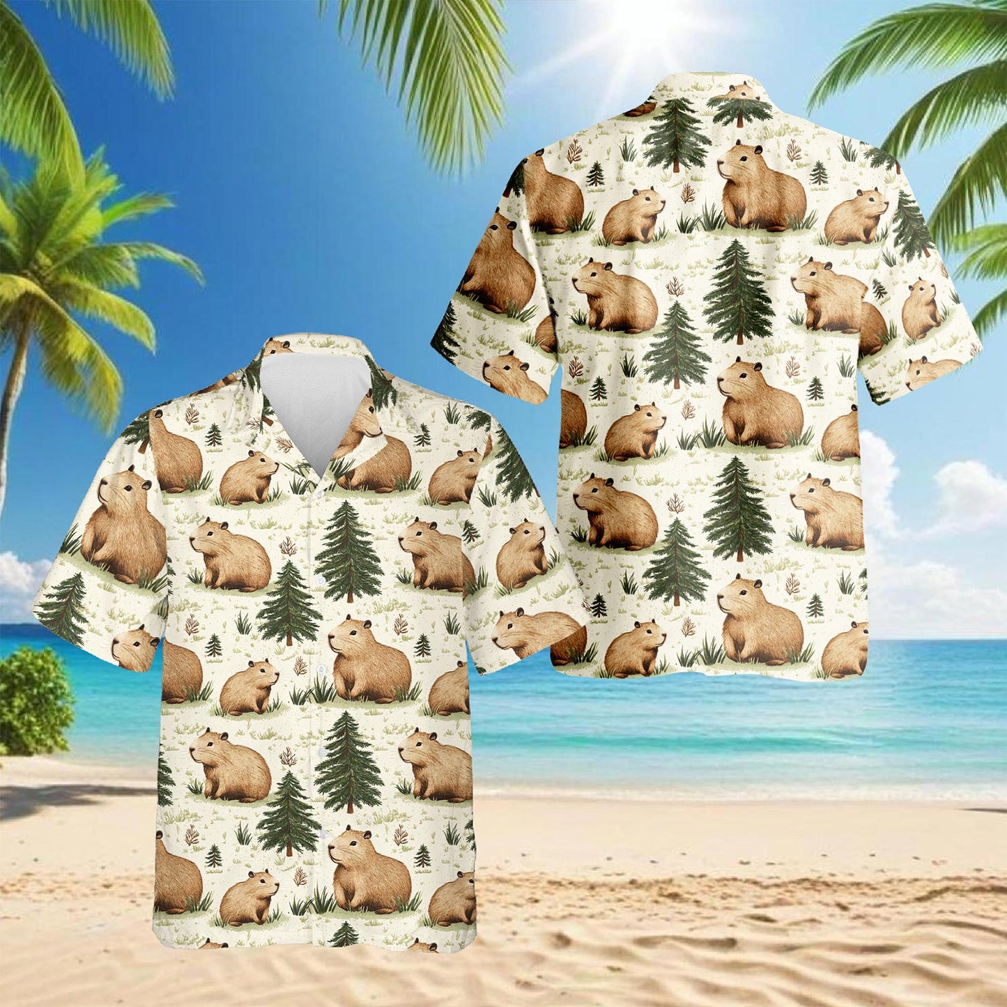 Netecom Capybara Pattern Hawaiian Shirt for Men, Button Down Summer Beach Short Sleeve, Retro Style, Sizes S-5XL