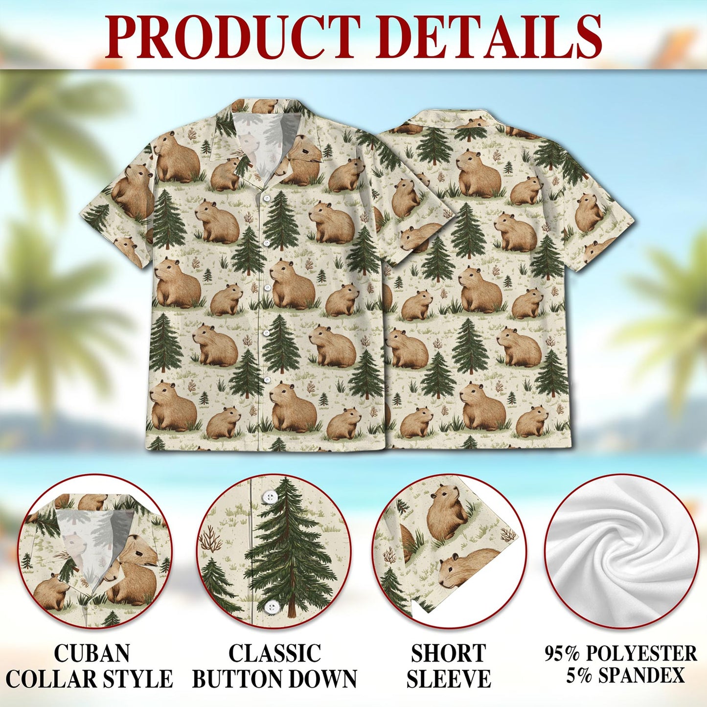 Netecom Capybara Pattern Hawaiian Shirt for Men, Button Down Summer Beach Short Sleeve, Retro Style, Sizes S-5XL