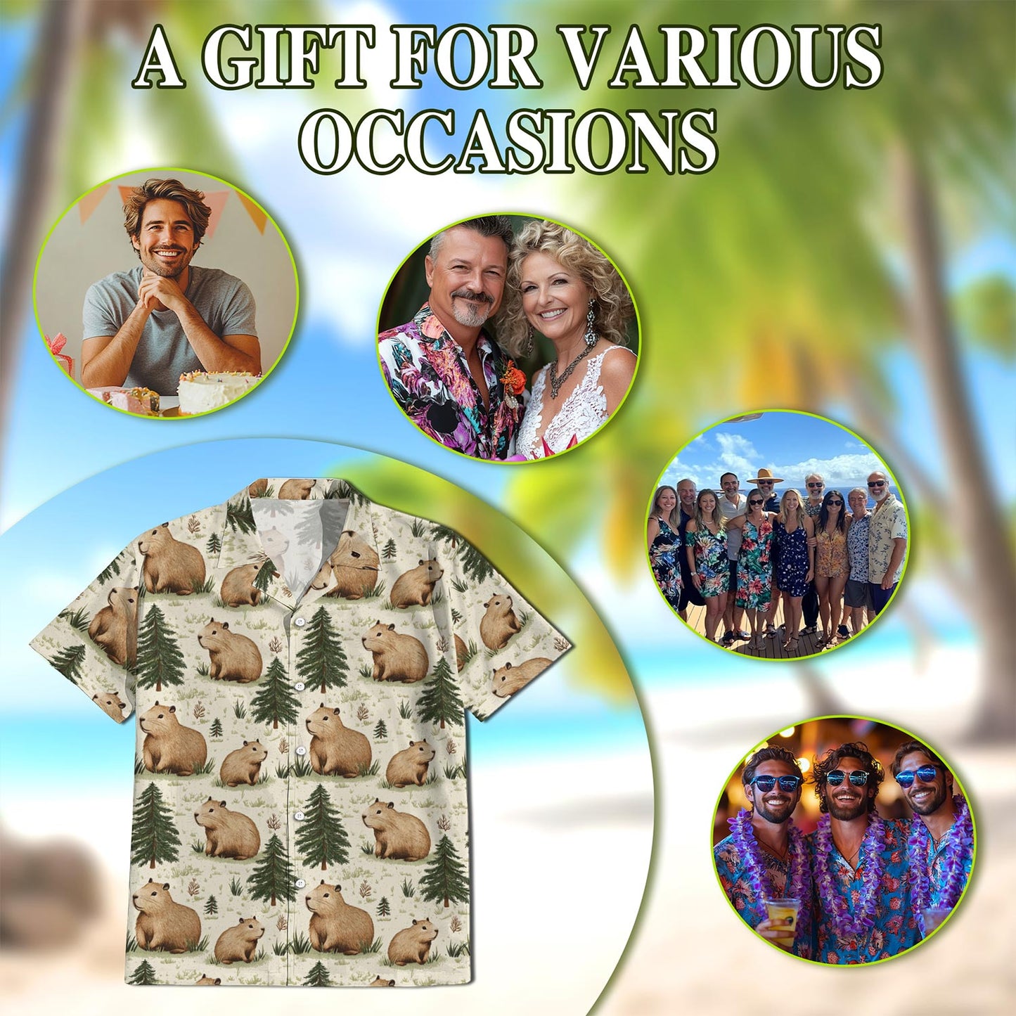 Netecom Capybara Pattern Hawaiian Shirt for Men, Button Down Summer Beach Short Sleeve, Retro Style, Sizes S-5XL