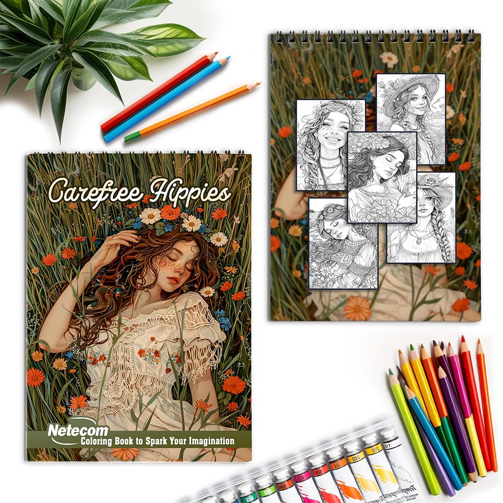 Netecom Carefree Hippies Spiral Coloring Book for Adults