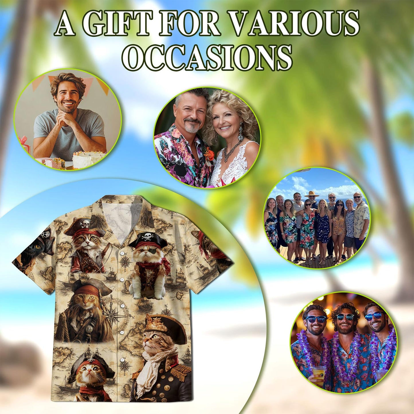 Netecom Cat Pirate Hawaiian Shirt for Men, Vintage Style, Button Down Summer Beach Short Sleeve, S-5XL