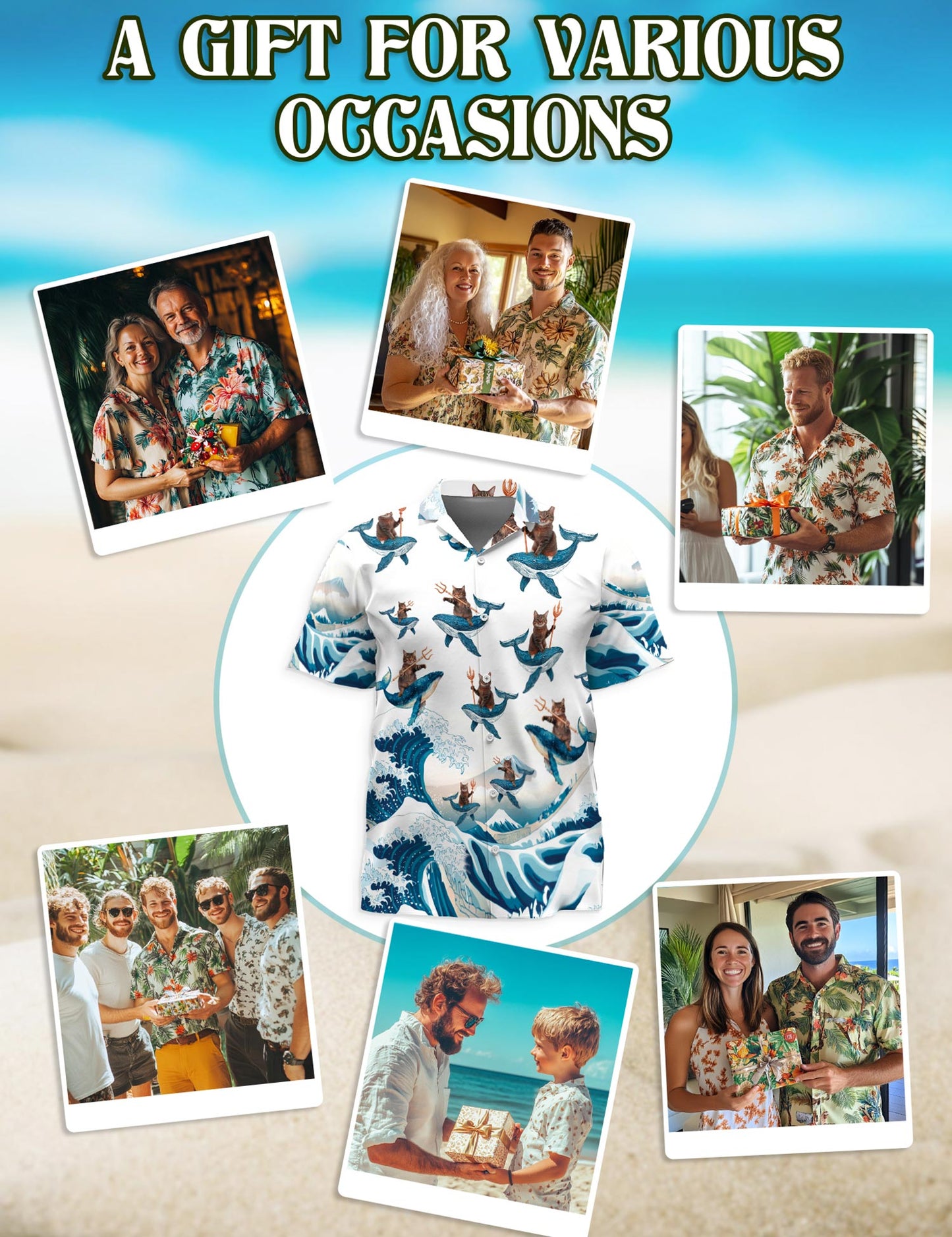 Netecom Cat Riding Whale Hawaiian Shirt for Men, Vintage Style, Button Down Summer Beach Short Sleeve, S-5XL