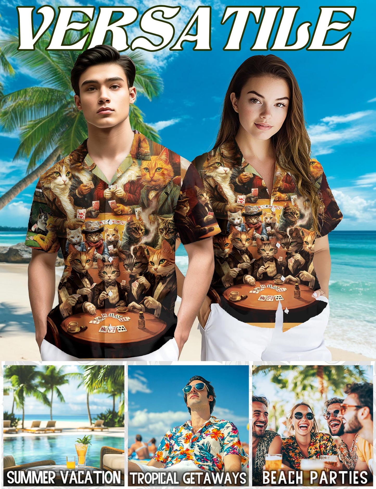 Netecom Cats Playing Poker Hawaiian Shirt for Men, Vintage Art Style, Button Down Summer Beach Short Sleeve, S-5XL