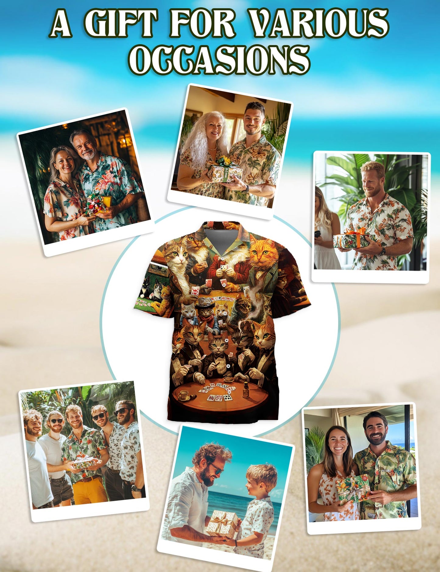 Netecom Cats Playing Poker Hawaiian Shirt for Men, Vintage Art Style, Button Down Summer Beach Short Sleeve, S-5XL