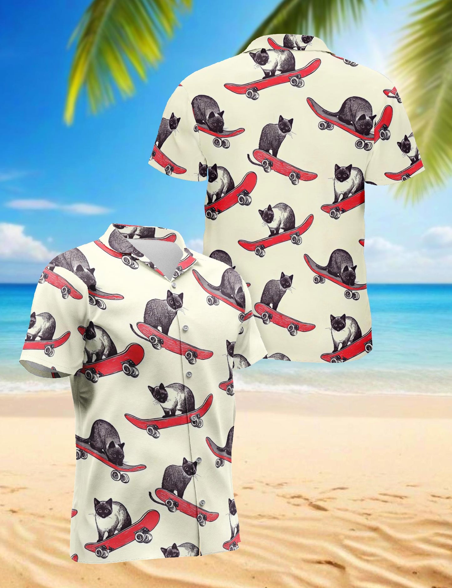 Netecom Cats Playing Skateboarding Hawaiian Shirt for Men, Vintage Style, Button Down Summer Beach Short Sleeve, S-5XL