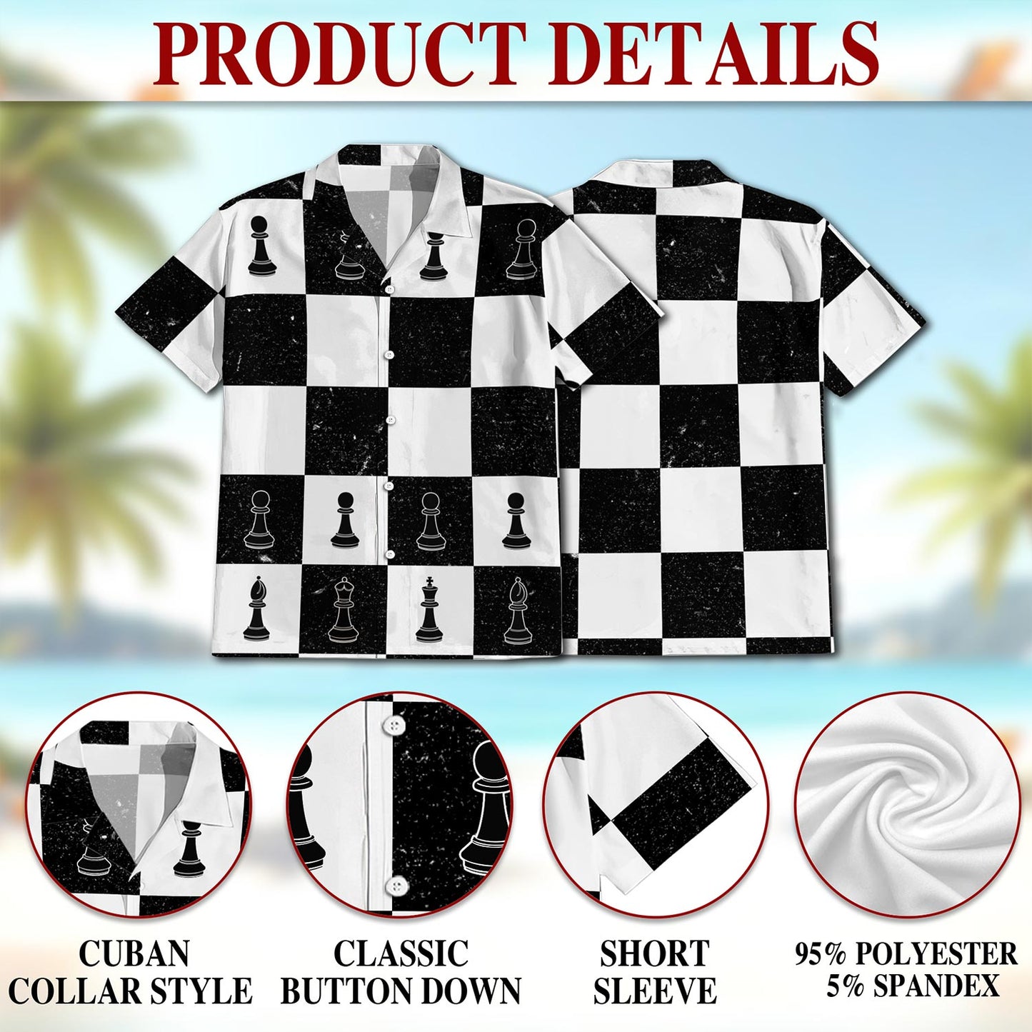 Netecom Chess Hawaiian Shirt for Men, Button Down Summer Beach Short Sleeve, Vintage Style, Sizes S-5XL