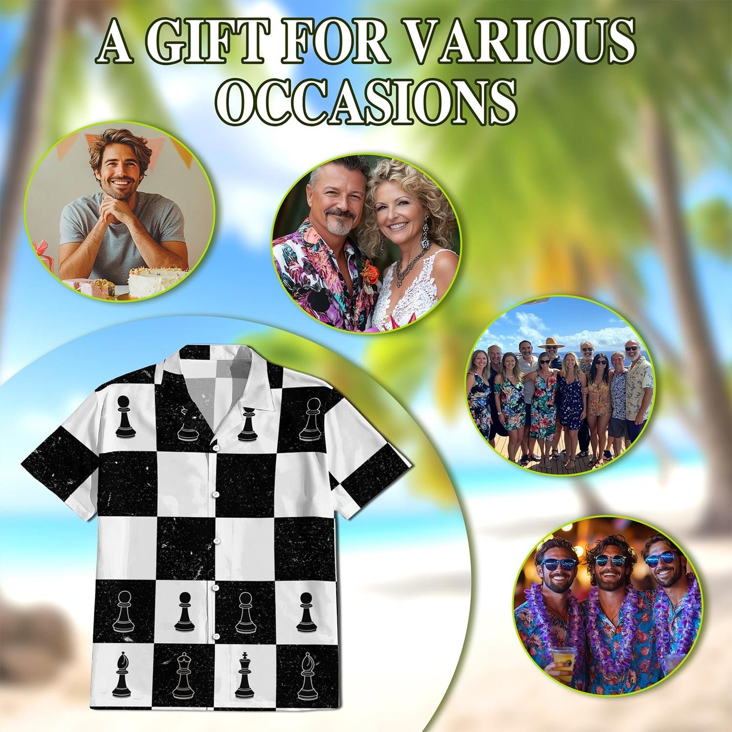 Netecom Chess Hawaiian Shirt for Men, Button Down Summer Beach Short Sleeve, Vintage Style, Sizes S-5XL