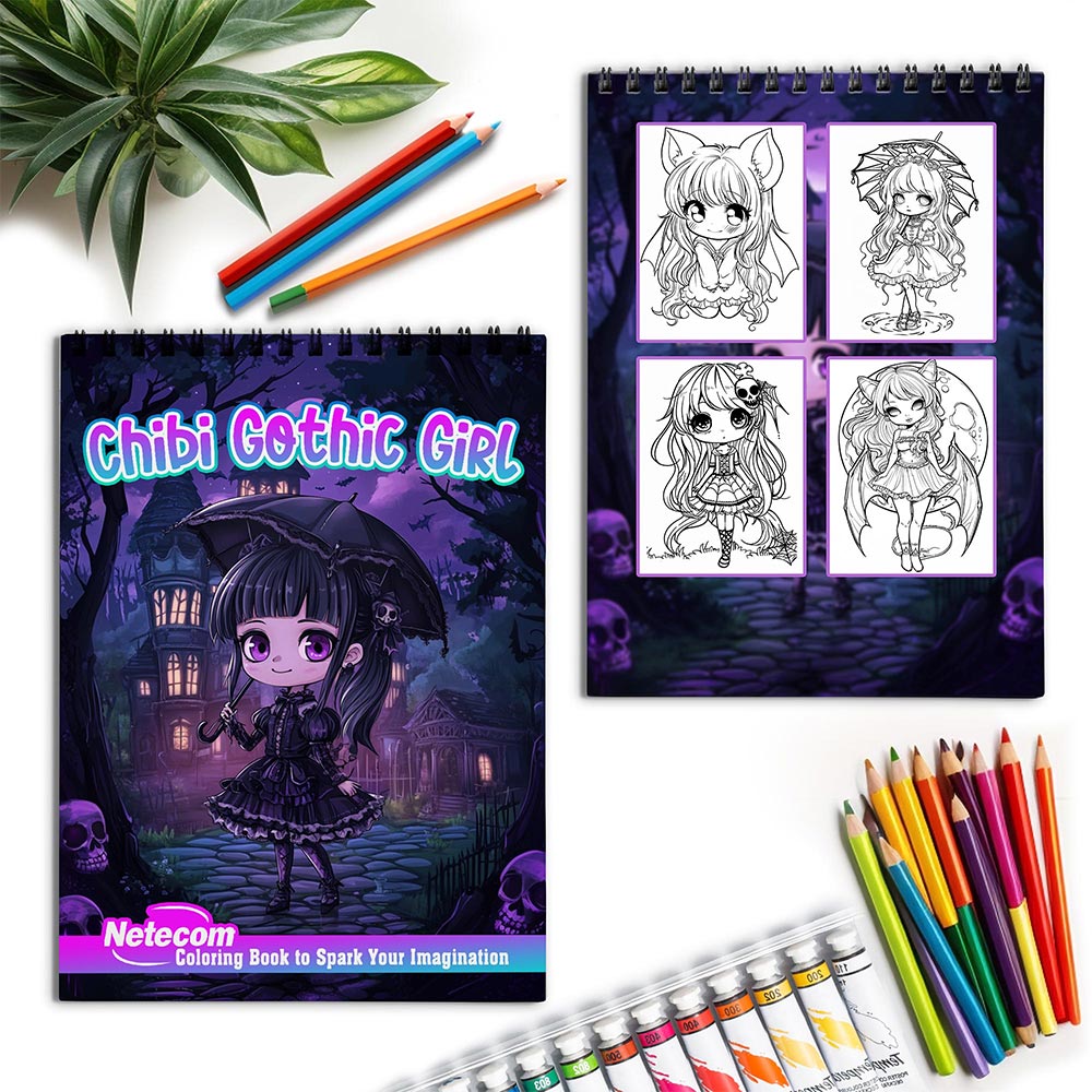 Netecom Chibi Gothic Girl Spiral Coloring Book for Adults