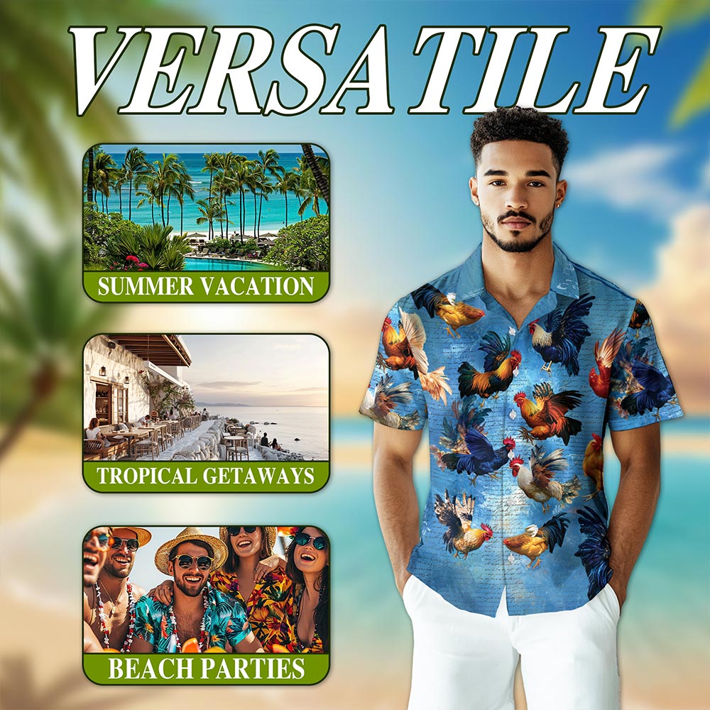 Netecom Chicken Rooster Fighting Hawaiian Shirt for Men, Button Down Summer Beach Short Sleeve, Tropical Style, S-5XL