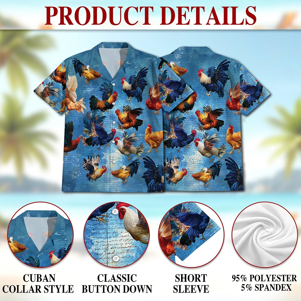 Netecom Chicken Rooster Fighting Hawaiian Shirt for Men, Button Down Summer Beach Short Sleeve, Tropical Style, S-5XL