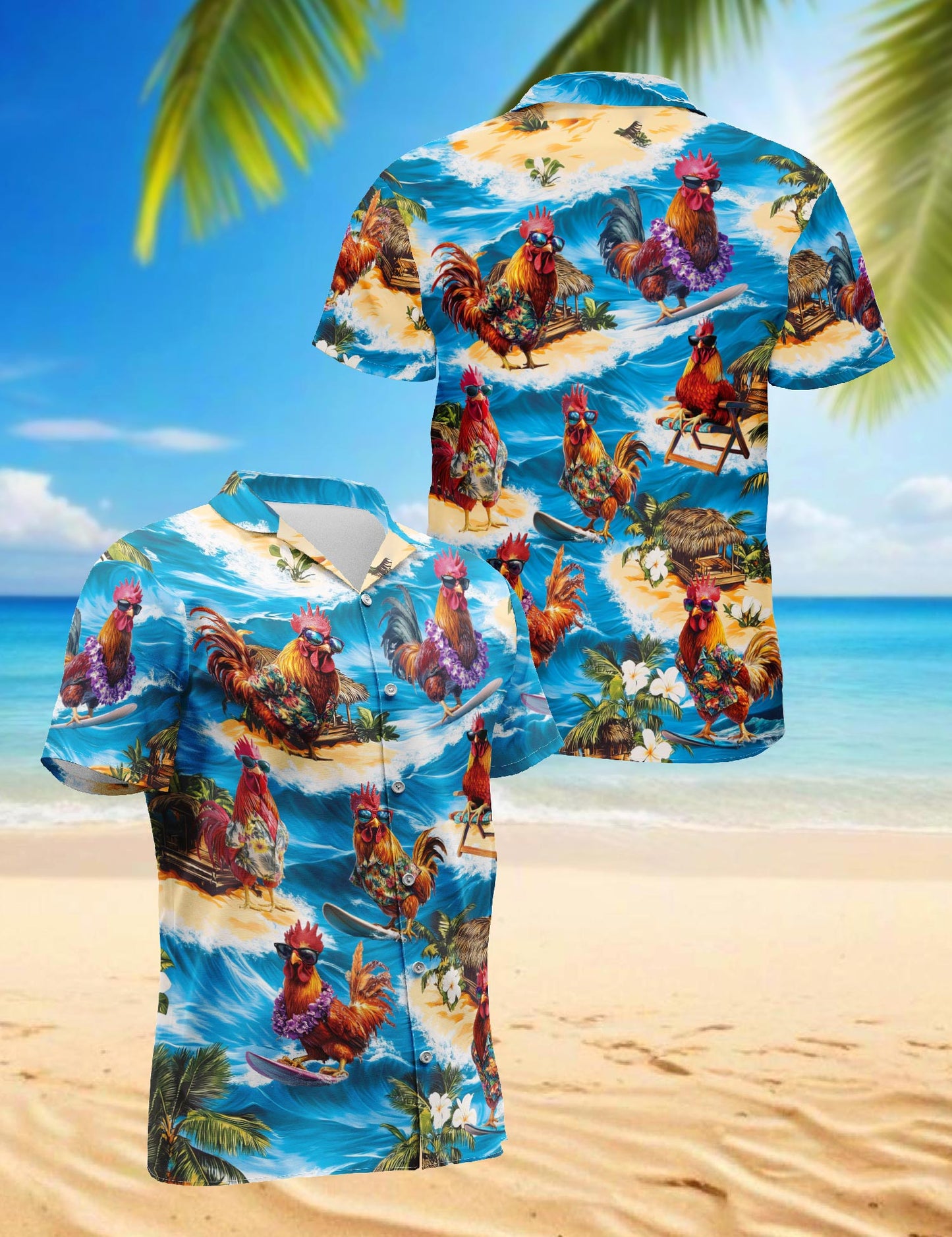 Netecom Chicken Surfing Hawaiian Shirt for Men, Button Down Summer Beach Short Sleeve, Tropical Style, Sizes S-5XL