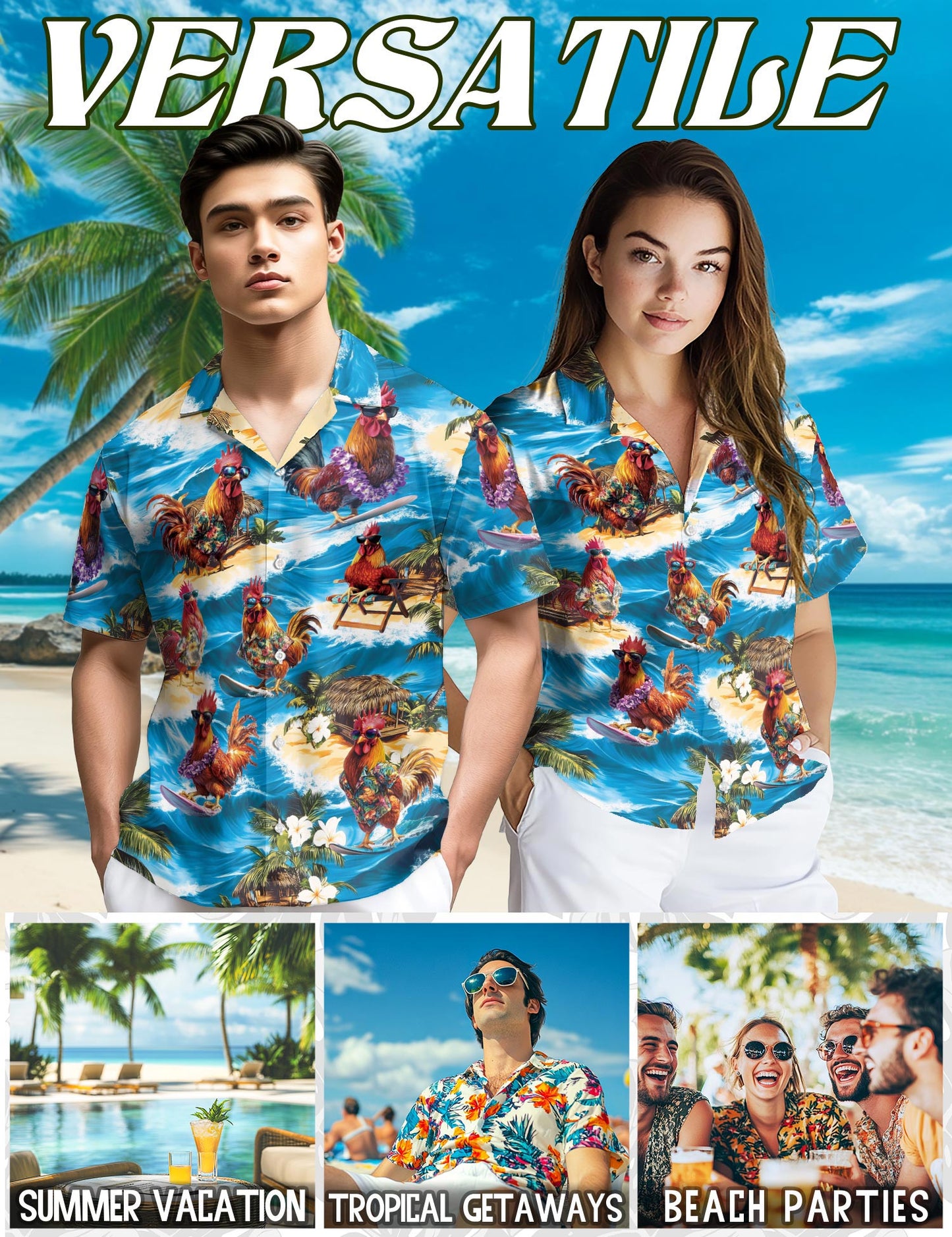 Netecom Chicken Surfing Hawaiian Shirt for Men, Button Down Summer Beach Short Sleeve, Tropical Style, Sizes S-5XL