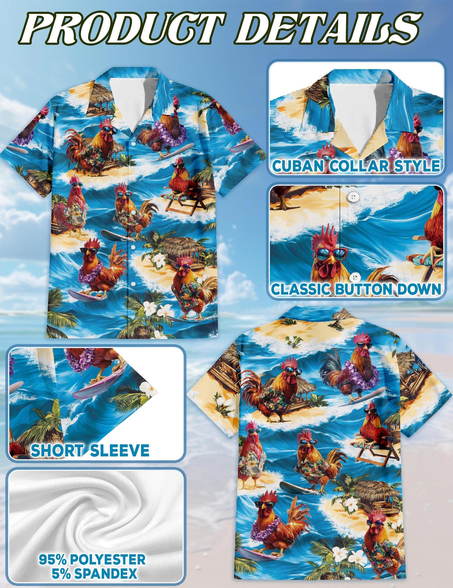 Netecom Chicken Surfing Hawaiian Shirt for Men, Button Down Summer Beach Short Sleeve, Tropical Style, Sizes S-5XL