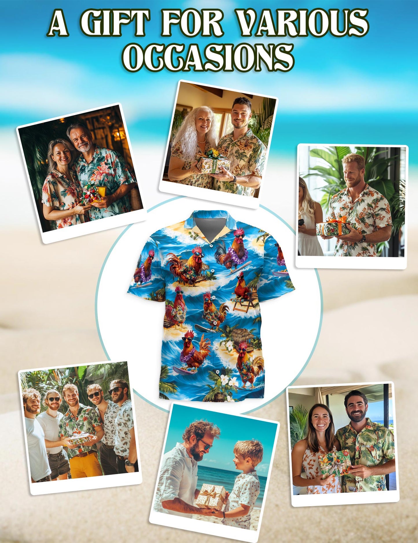 Netecom Chicken Surfing Hawaiian Shirt for Men, Button Down Summer Beach Short Sleeve, Tropical Style, Sizes S-5XL
