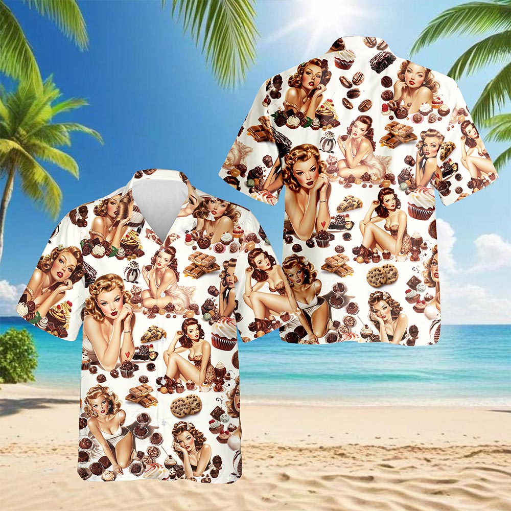 Netecom Chocolate Candy Desert Pinup Girl Hawaiian Shirt for Men, Beautiful Sexy Girl Button Down Summer Beach Shirts, S-5XL