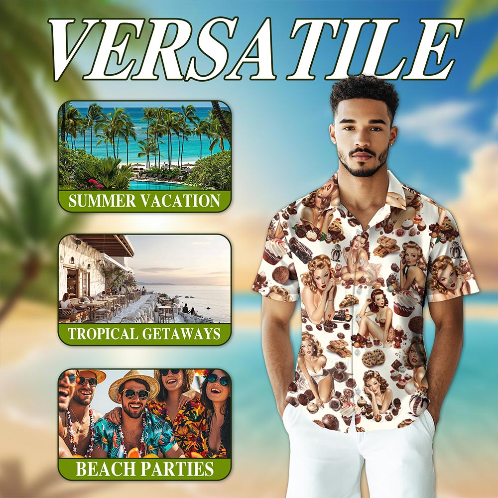 Netecom Chocolate Candy Desert Pinup Girl Hawaiian Shirt for Men, Beautiful Sexy Girl Button Down Summer Beach Shirts, S-5XL