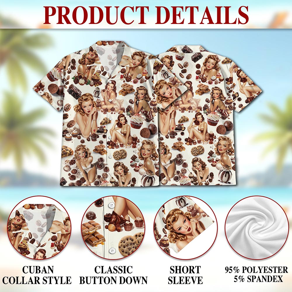 Netecom Chocolate Candy Desert Pinup Girl Hawaiian Shirt for Men, Beautiful Sexy Girl Button Down Summer Beach Shirts, S-5XL