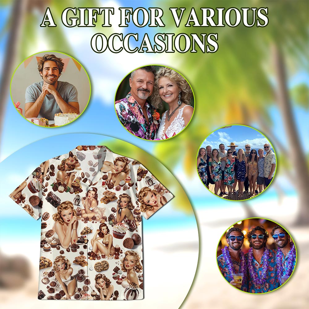 Netecom Chocolate Candy Desert Pinup Girl Hawaiian Shirt for Men, Beautiful Sexy Girl Button Down Summer Beach Shirts, S-5XL