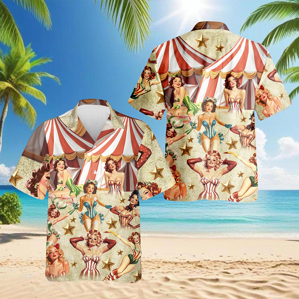 Netecom Circus Pinup Girl Hawaiian Shirt for Men, Beautiful Sexy Girl Button Down Summer Beach Short Sleeve Shirts, S-5XL