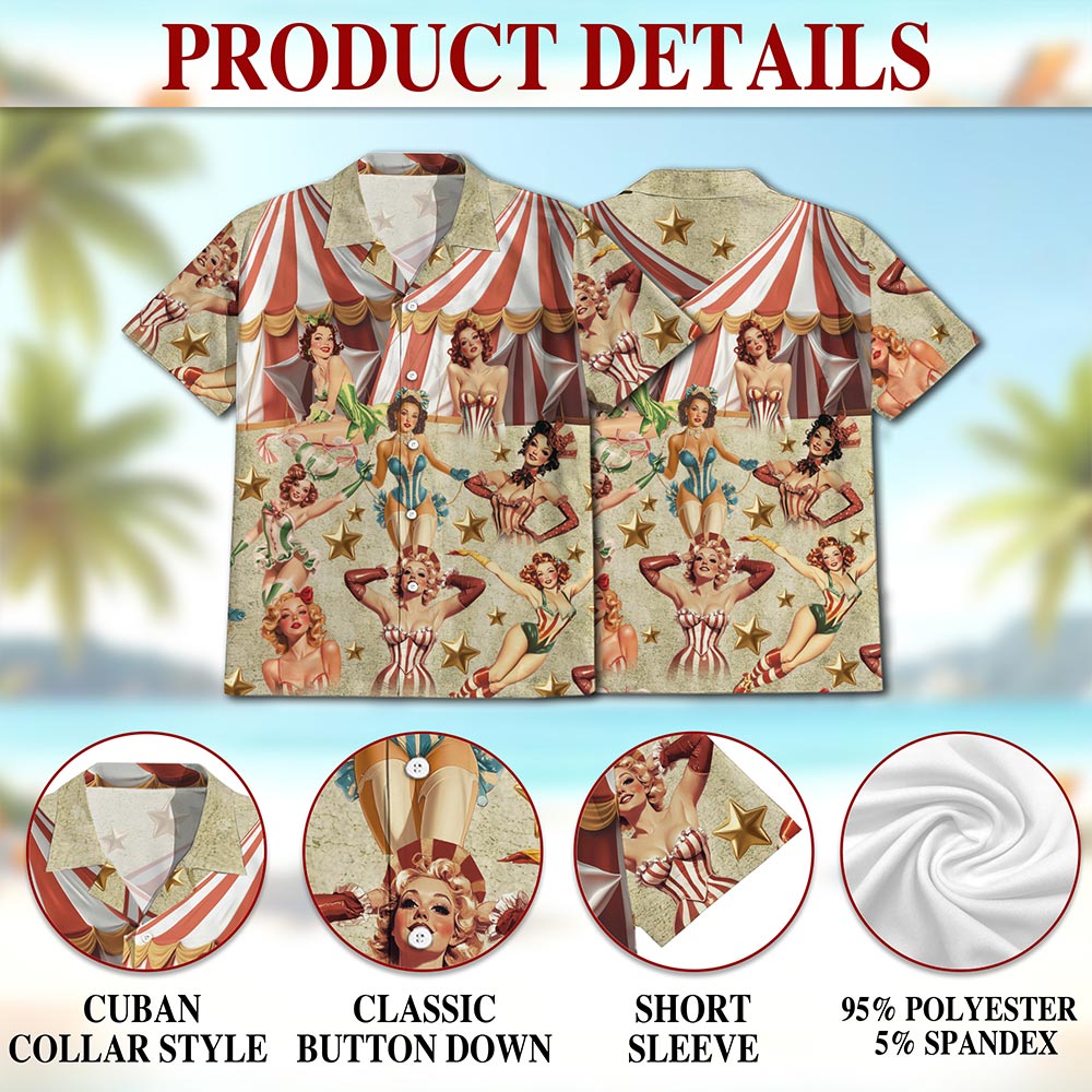 Netecom Circus Pinup Girl Hawaiian Shirt for Men, Beautiful Sexy Girl Button Down Summer Beach Short Sleeve Shirts, S-5XL